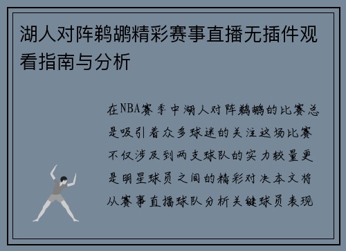 湖人对阵鹈鹕精彩赛事直播无插件观看指南与分析