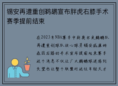 锡安再遭重创鹈鹕宣布胖虎右膝手术赛季提前结束