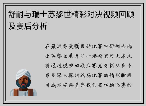 舒耐与瑞士苏黎世精彩对决视频回顾及赛后分析